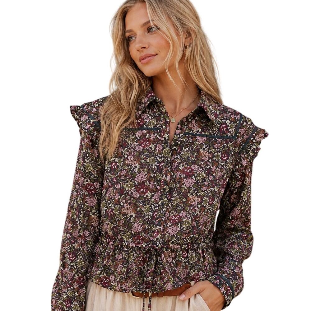Free People Daybreak Top Womens Small Moody Floral Boho Ruffled Blouse
